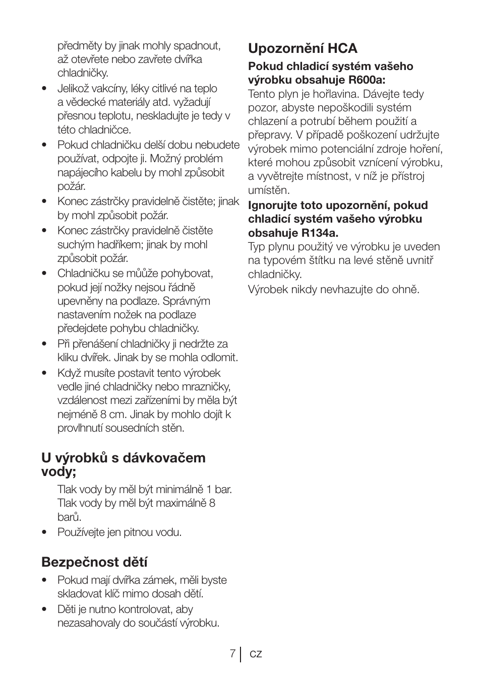 U výrobků s dávkovačem vody, Bezpečnost dětí, Upozornění hca | Blomberg KWD 9440 X A+ User Manual | Page 572 / 601