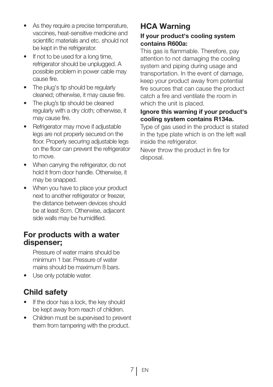 For products with a water dispenser, Child safety, Hca warning | Blomberg KWD 9440 X A+ User Manual | Page 8 / 601