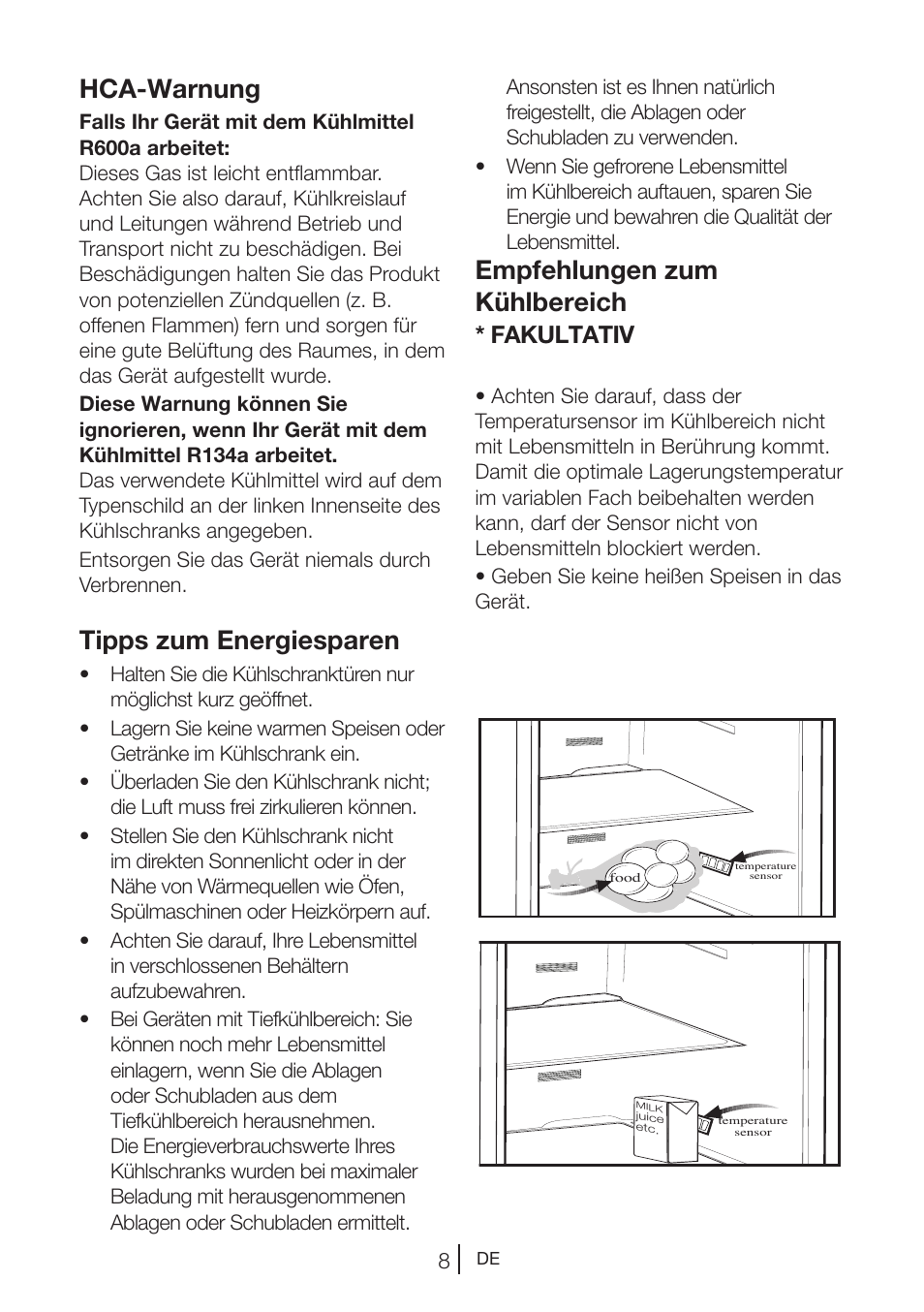 Hca-warnung, Tipps zum energiesparen, Empfehlungen zum kühlbereich | Fakultativ | Blomberg KWD 9440 X A+ User Manual | Page 82 / 601