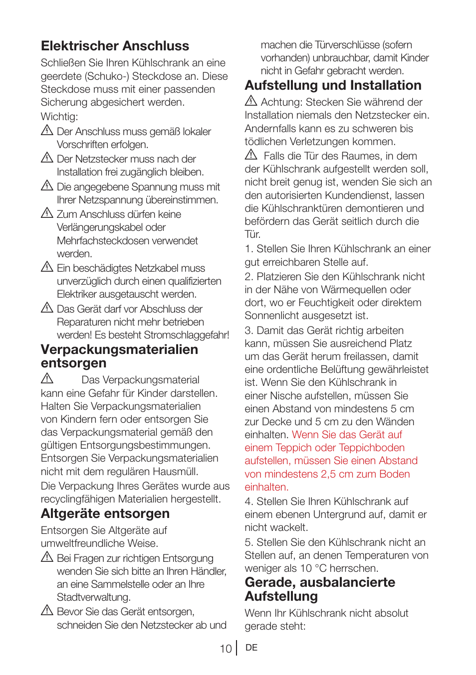 Elektrischer anschluss, Verpackungsmaterialien entsorgen a, Altgeräte entsorgen | Aufstellung und installation b, Gerade, ausbalancierte aufstellung | Blomberg KWD 9440 X A+ User Manual | Page 84 / 601