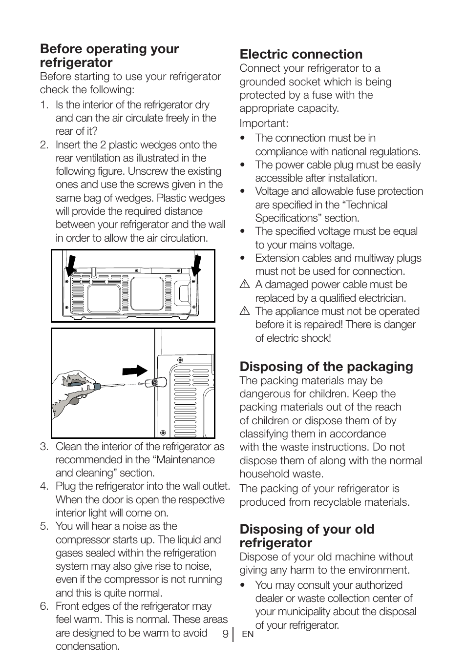 Before operating your refrigerator, Electric connection, Disposing of the packaging | Disposing of your old refrigerator | Blomberg KQD 1250 X A++ User Manual | Page 10 / 358