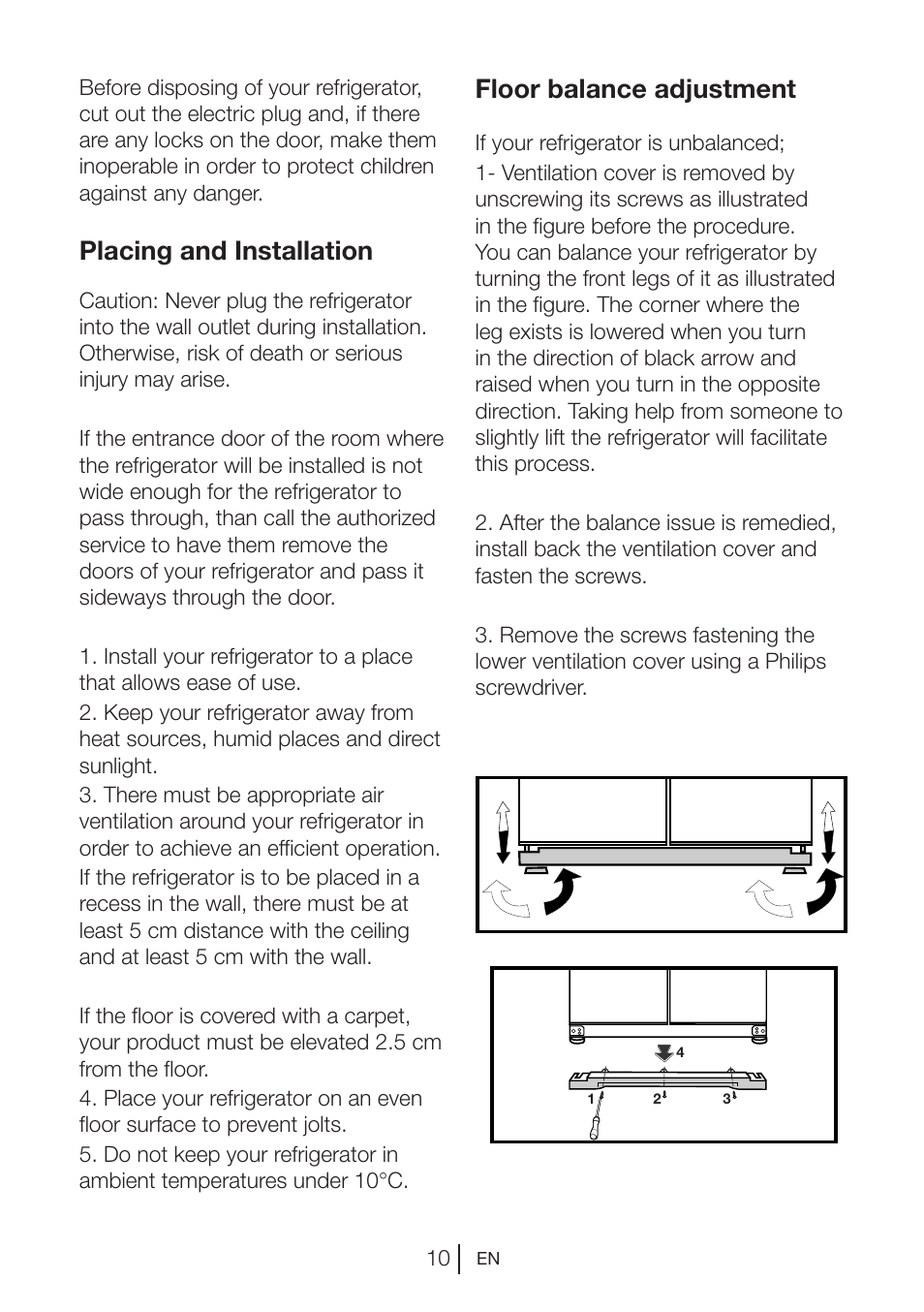 Placing and installation, Floor balance adjustment | Blomberg KQD 1250 X A++ User Manual | Page 11 / 358
