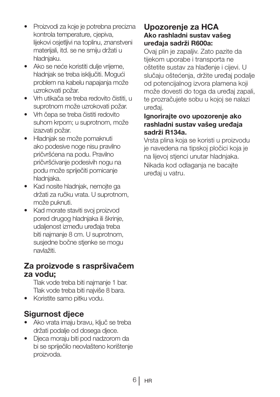 Za proizvode s raspršivačem za vodu, Sigurnost djece, Upozorenje za hca | Blomberg KQD 1250 X A++ User Manual | Page 144 / 358
