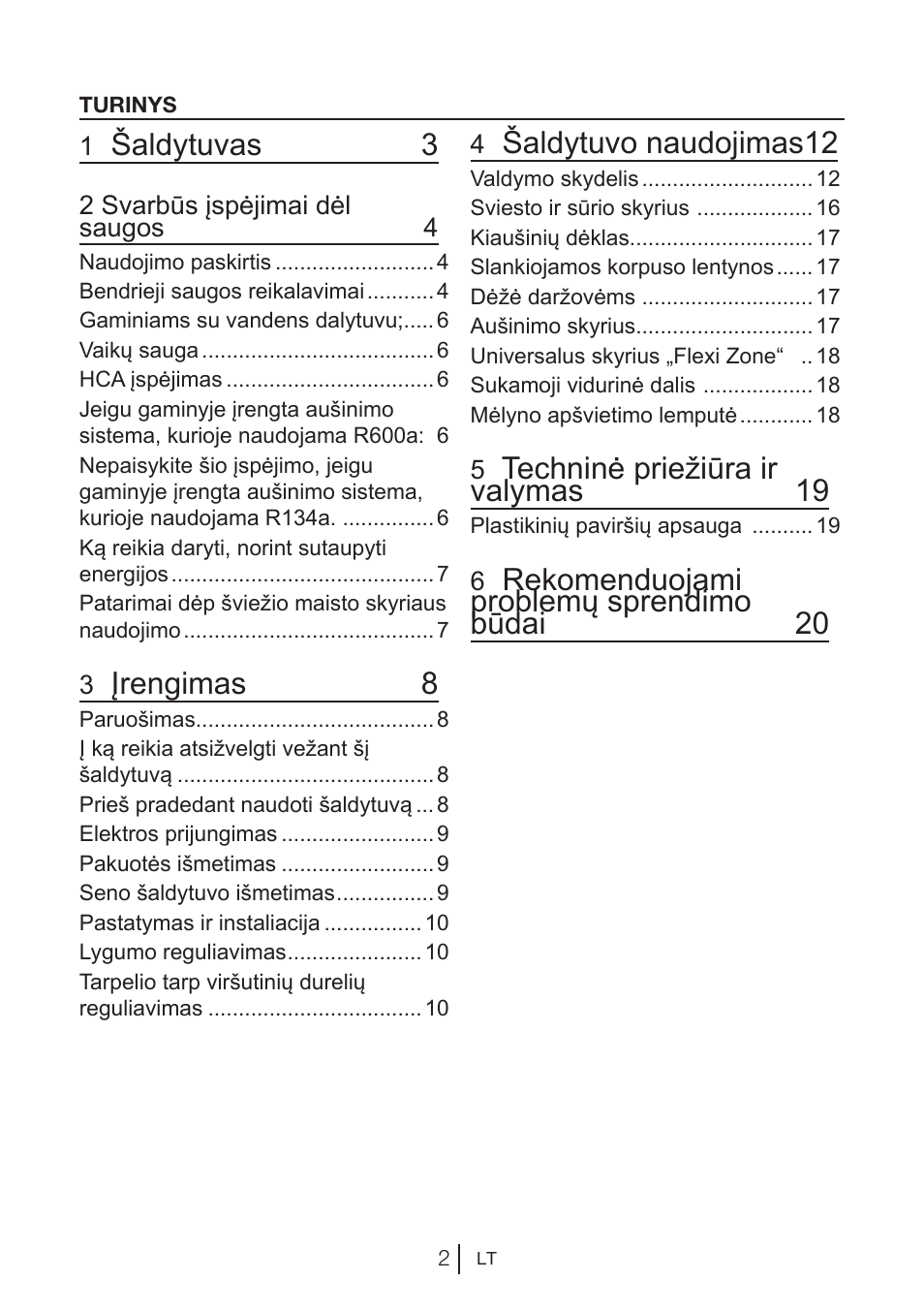 Šaldytuvas 3, Įrengimas 8, Šaldytuvo naudojimas 12 | Techninė priežiūra ir valymas 19, Rekomenduojami problemų sprendimo būdai 20 | Blomberg KQD 1250 X A++ User Manual | Page 182 / 358