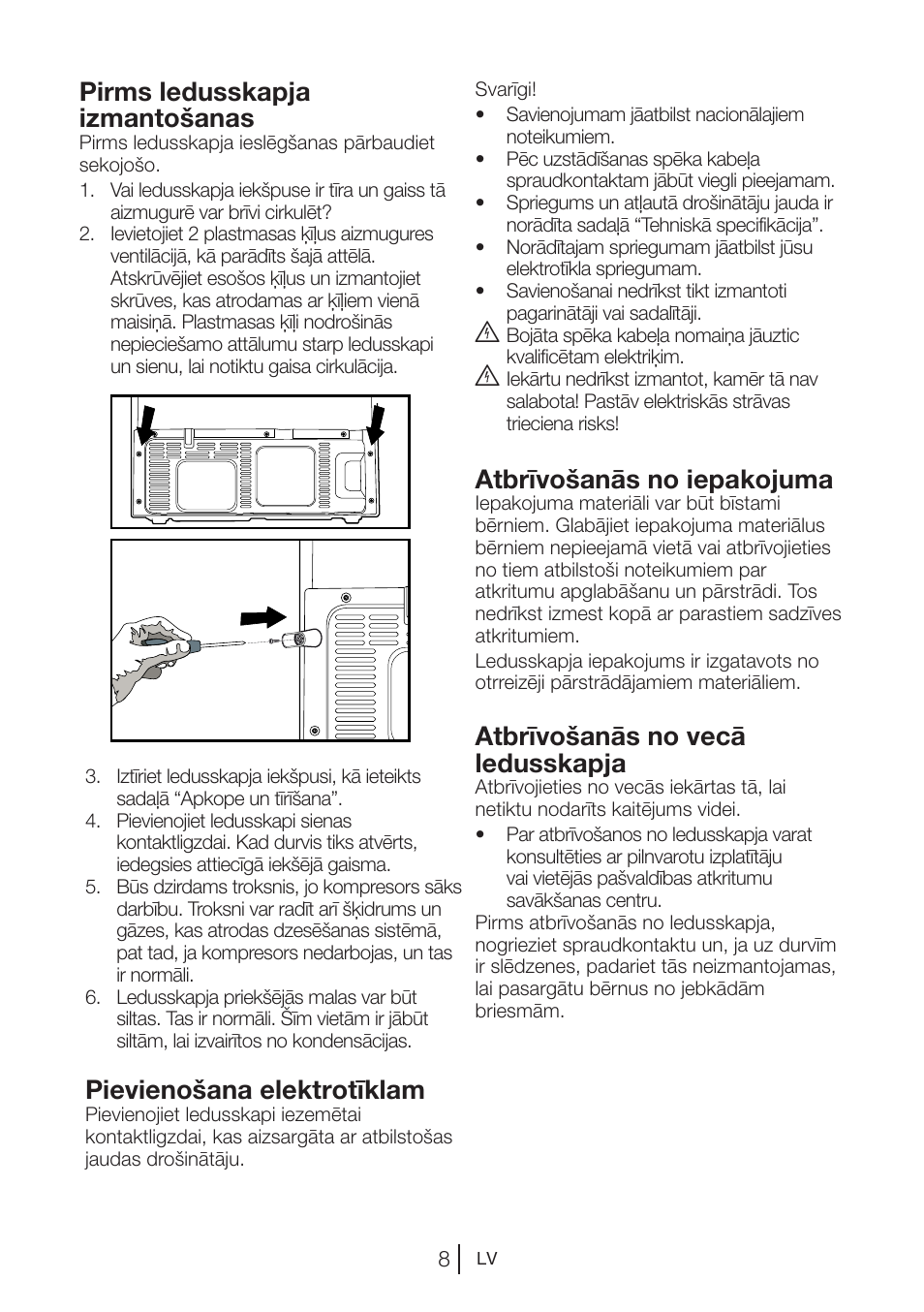 Pirms ledusskapja izmantošanas, Atbrīvošanās no iepakojuma, Atbrīvošanās no vecā ledusskapja | Pievienošana elektrotīklam | Blomberg KQD 1250 X A++ User Manual | Page 255 / 358