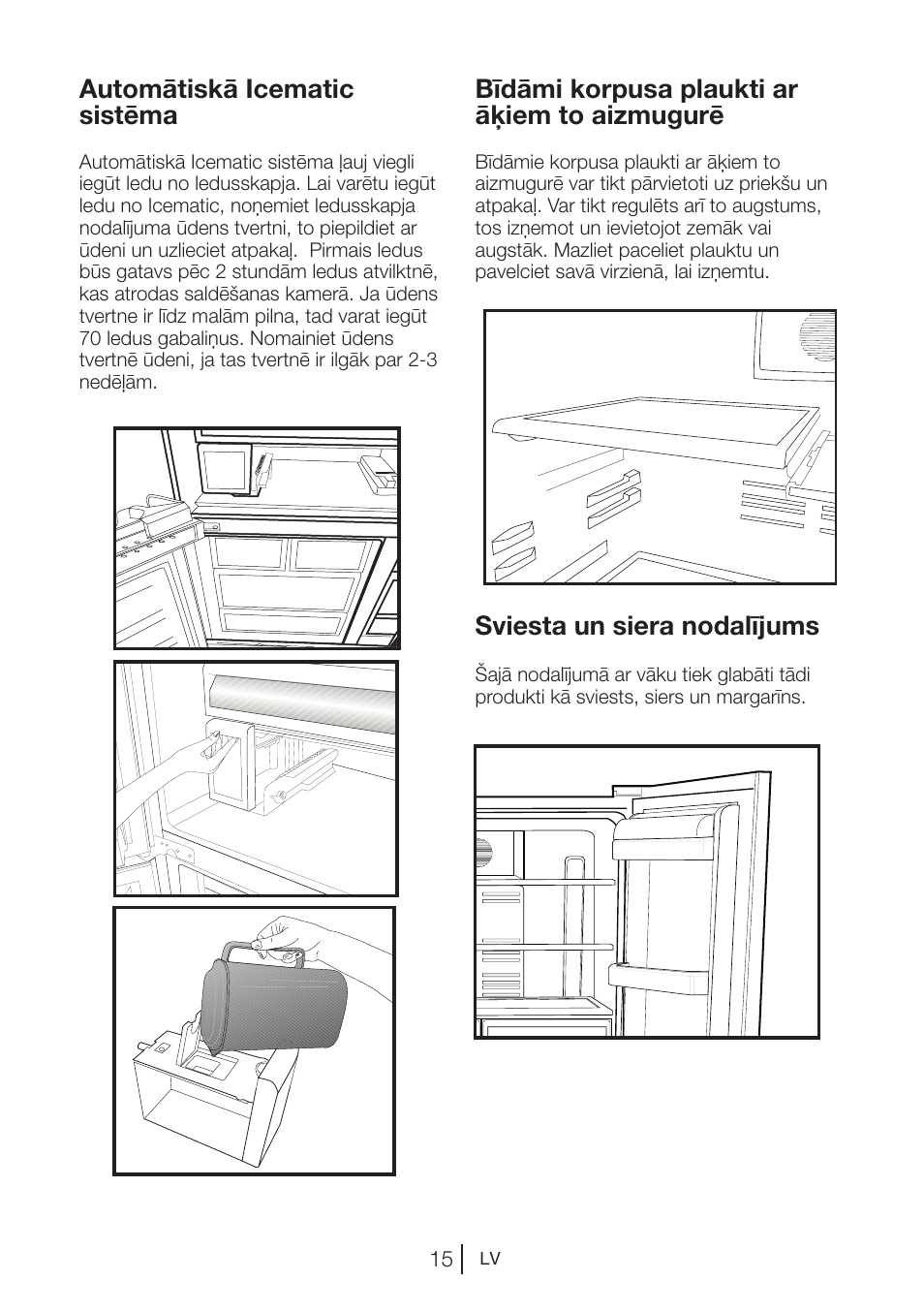 Bīdāmi korpusa plaukti ar āķiem to aizmugurē, Automātiskā icematic sistēma, Sviesta un siera nodalījums | Blomberg KQD 1250 X A++ User Manual | Page 262 / 358
