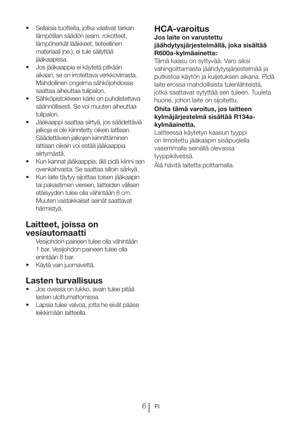 Laitteet, joissa on vesiautomaatti, Lasten turvallisuus, Hca-varoitus | Blomberg KQD 1250 X A++ User Manual | Page 297 / 358