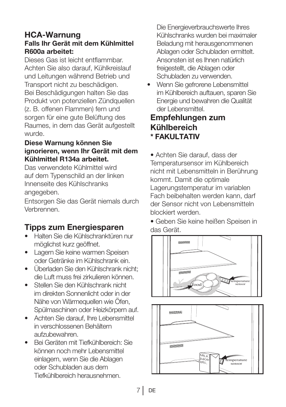Hca-warnung, Tipps zum energiesparen, Empfehlungen zum kühlbereich | Fakultativ | Blomberg KQD 1250 X A++ User Manual | Page 30 / 358