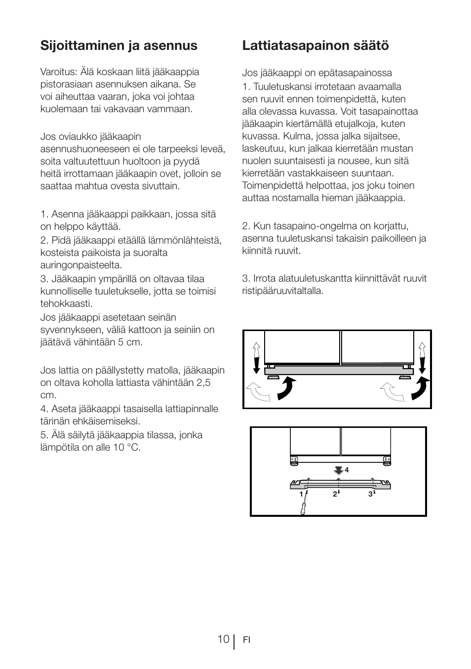 Sijoittaminen ja asennus, Lattiatasapainon säätö | Blomberg KQD 1250 X A++ User Manual | Page 301 / 358