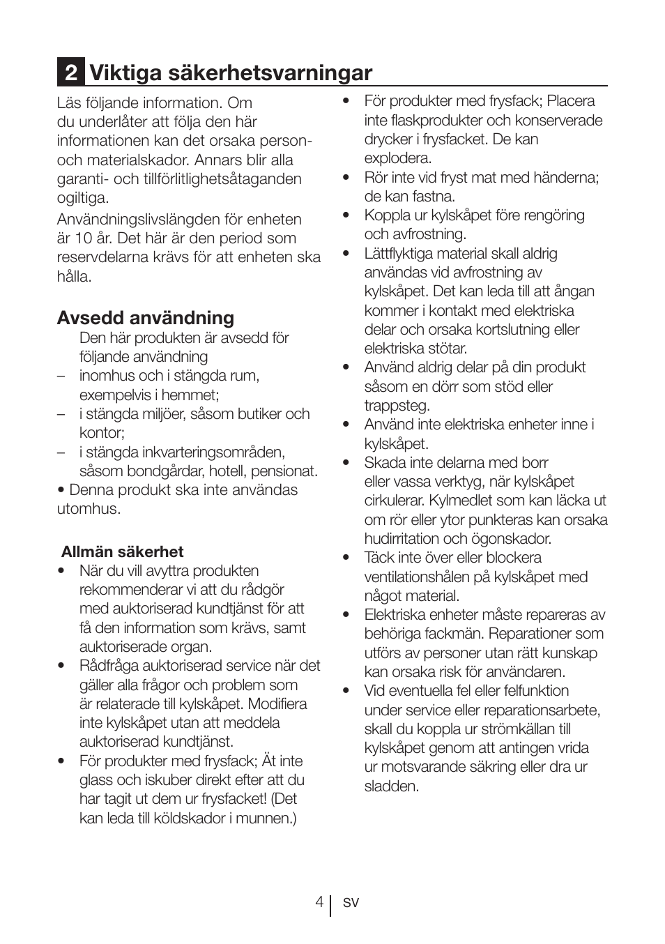 2viktiga säkerhetsvarningar, Avsedd användning | Blomberg KQD 1250 X A++ User Manual | Page 317 / 358