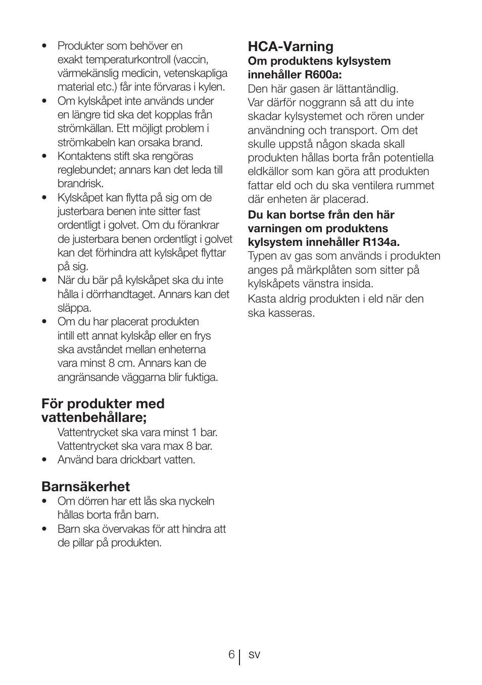 För produkter med vattenbehållare, Barnsäkerhet, Hca-varning | Blomberg KQD 1250 X A++ User Manual | Page 319 / 358