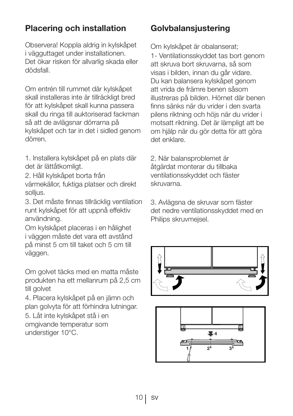 Placering och installation, Golvbalansjustering | Blomberg KQD 1250 X A++ User Manual | Page 323 / 358