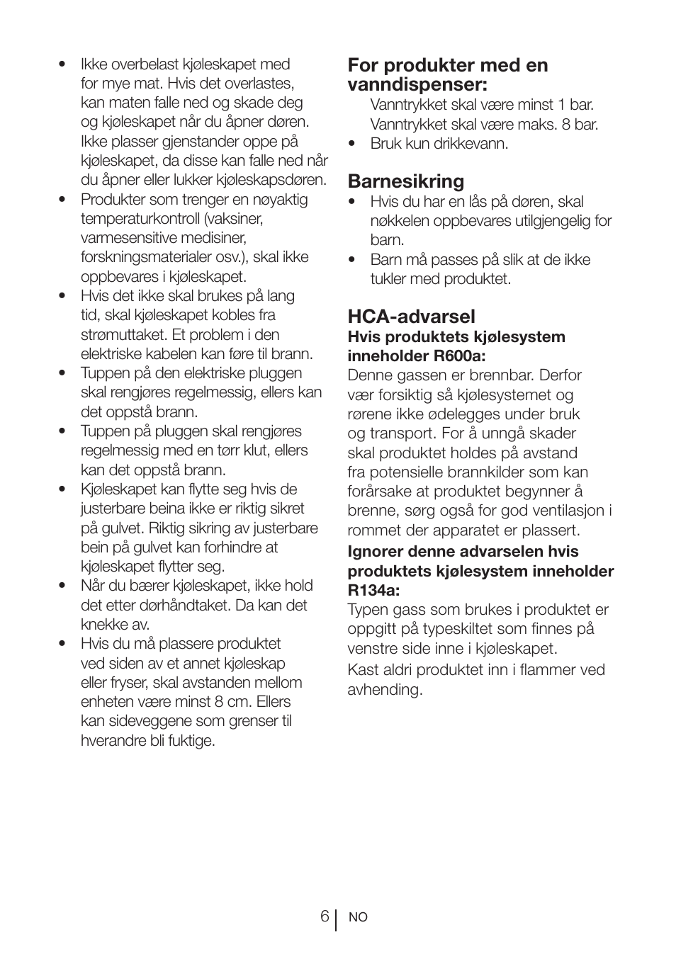 For produkter med en vanndispenser, Barnesikring, Hca-advarsel | Blomberg KQD 1250 X A++ User Manual | Page 341 / 358