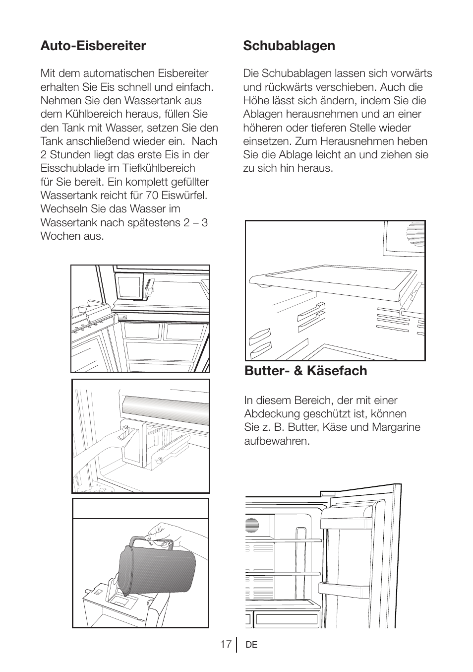 Schubablagen, Auto-eisbereiter, Butter- & käsefach | Blomberg KQD 1250 X A++ User Manual | Page 40 / 358
