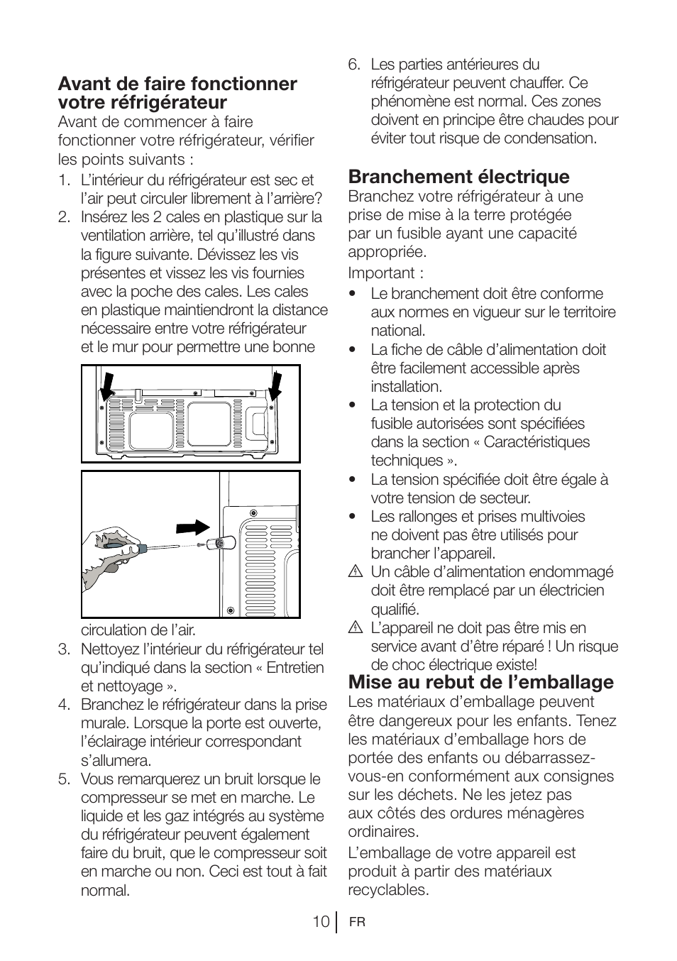 Avant de faire fonctionner votre réfrigérateur, Branchement électrique, Mise au rebut de l’emballage | Blomberg KQD 1250 X A++ User Manual | Page 57 / 358