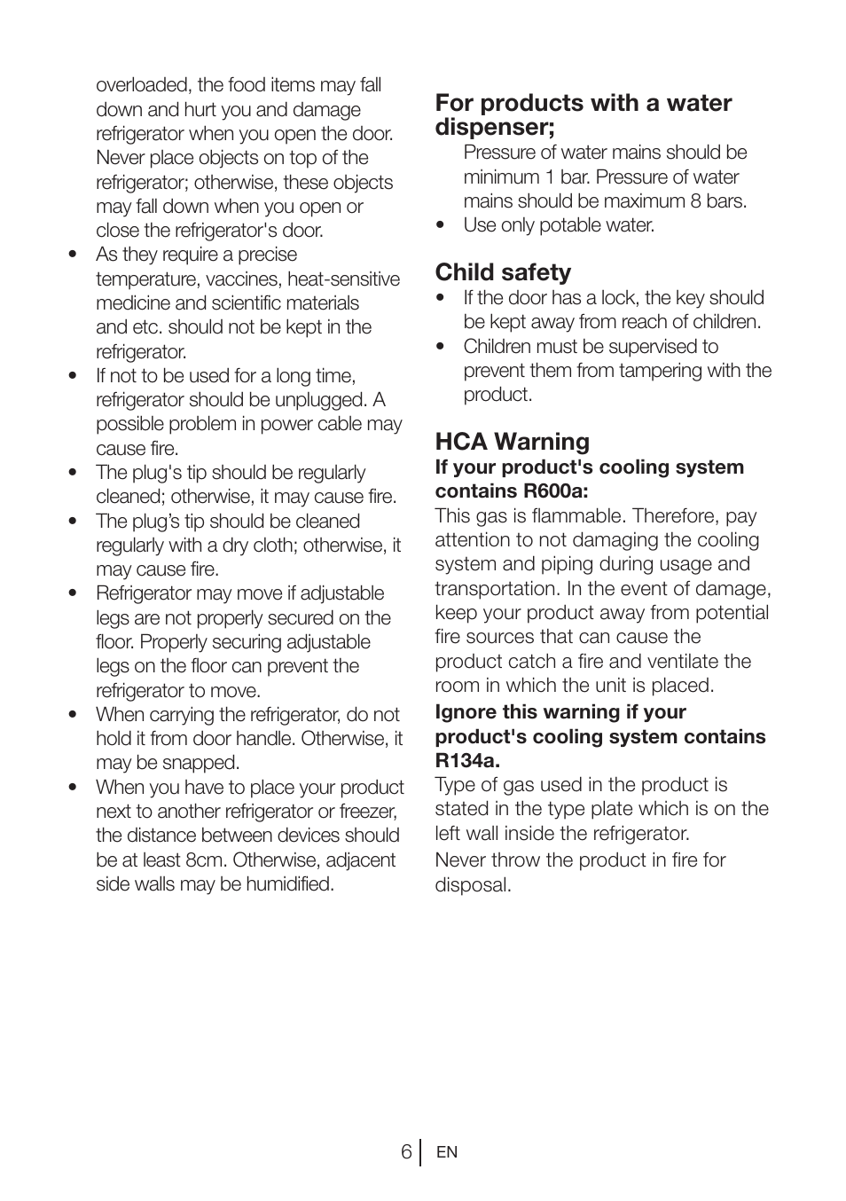 For products with a water dispenser, Child safety, Hca warning | Blomberg KQD 1250 X A++ User Manual | Page 7 / 358