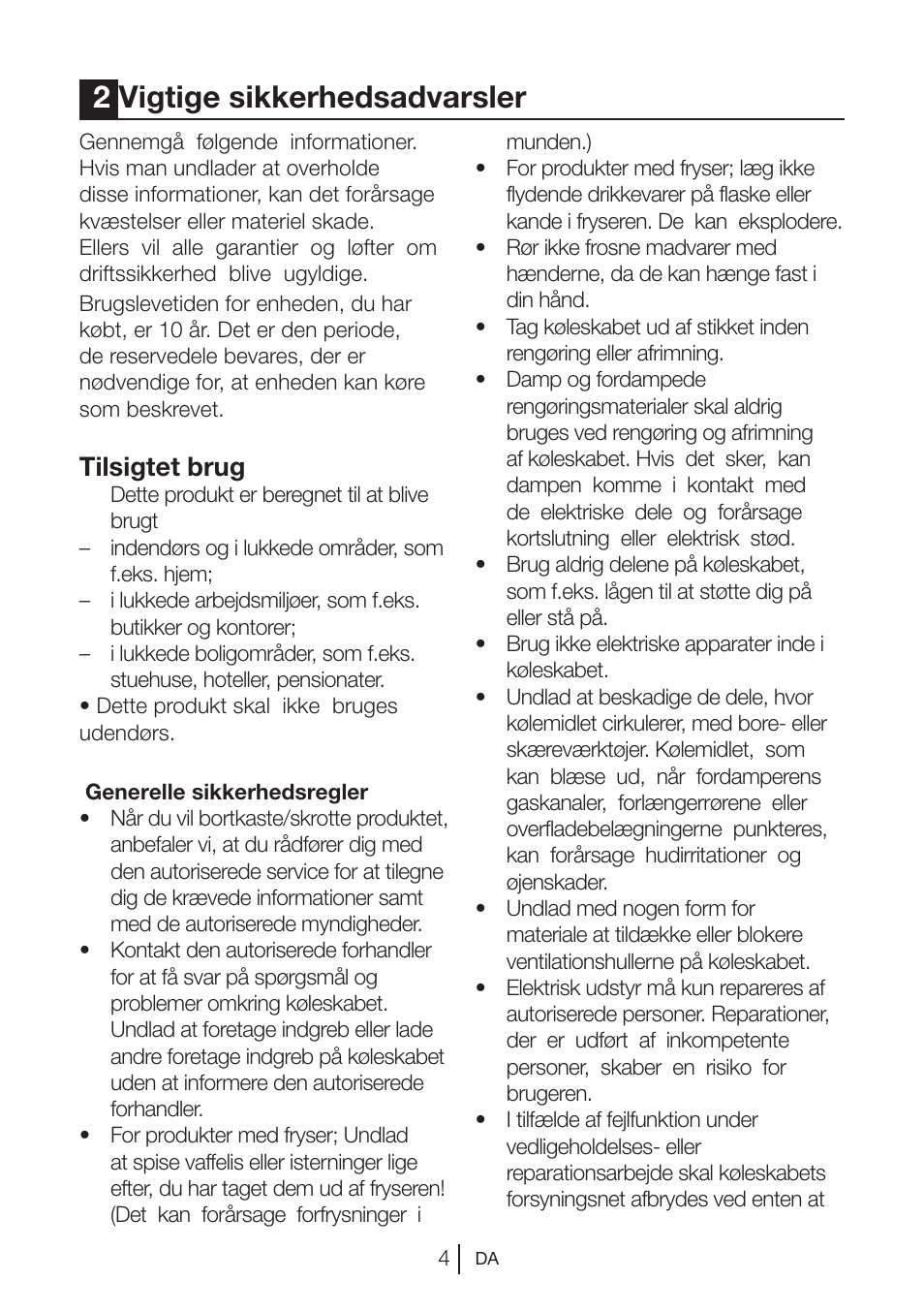 2vigtige sikkerhedsadvarsler, Tilsigtet brug | Blomberg KQD 1250 X A++ User Manual | Page 75 / 358