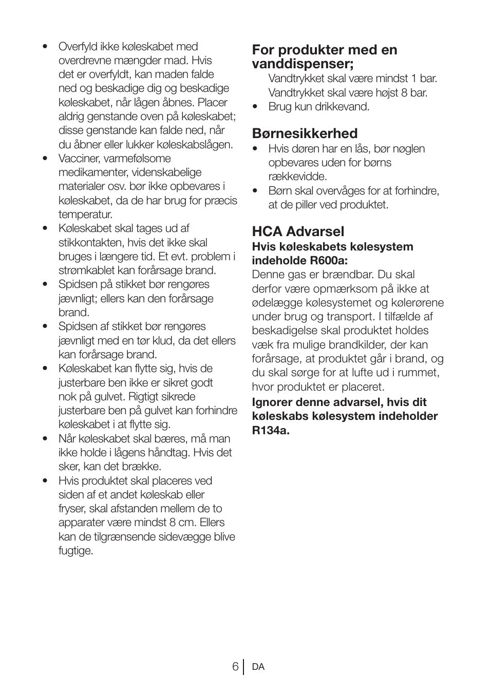 For produkter med en vanddispenser, Børnesikkerhed, Hca advarsel | Blomberg KQD 1250 X A++ User Manual | Page 77 / 358