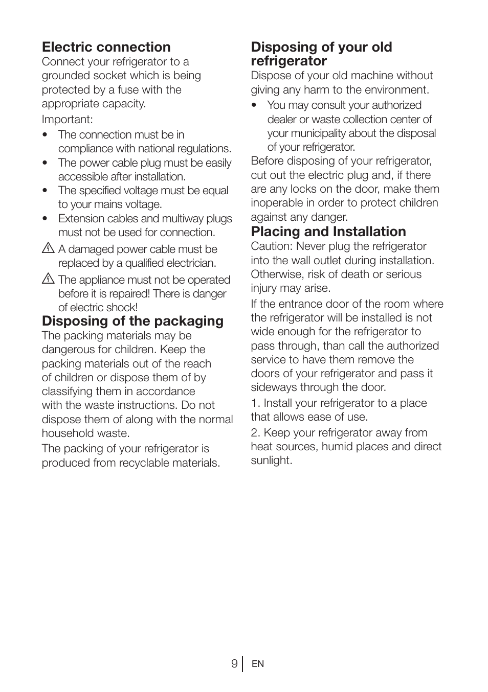 Disposing of your old refrigerator, Placing and installation, Electric connection | Disposing of the packaging | Blomberg KQE 1010 X User Manual | Page 10 / 84