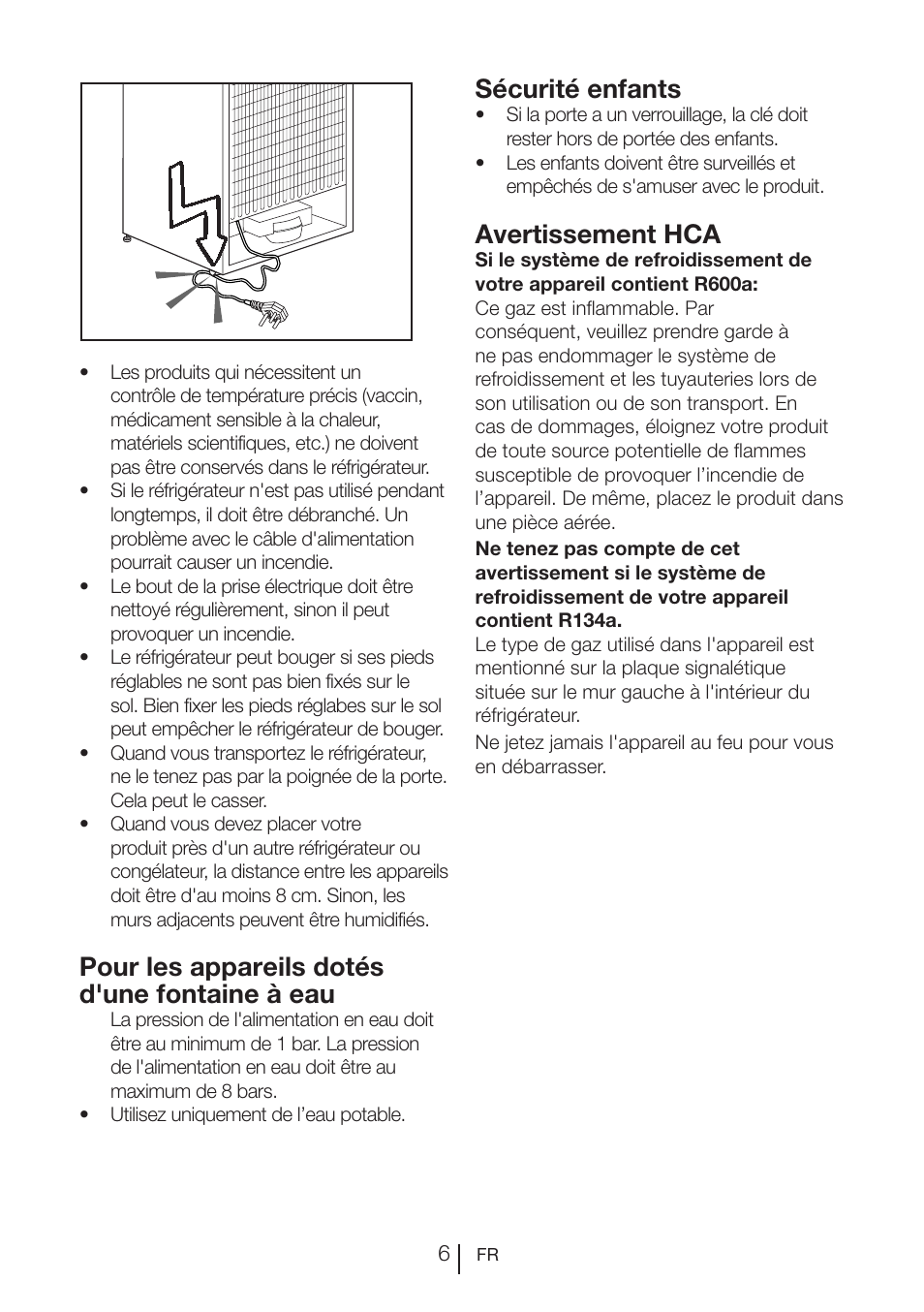 Pour les appareils dotés d'une fontaine à eau, Sécurité enfants, Avertissement hca | Blomberg KQE 1010 X User Manual | Page 27 / 84