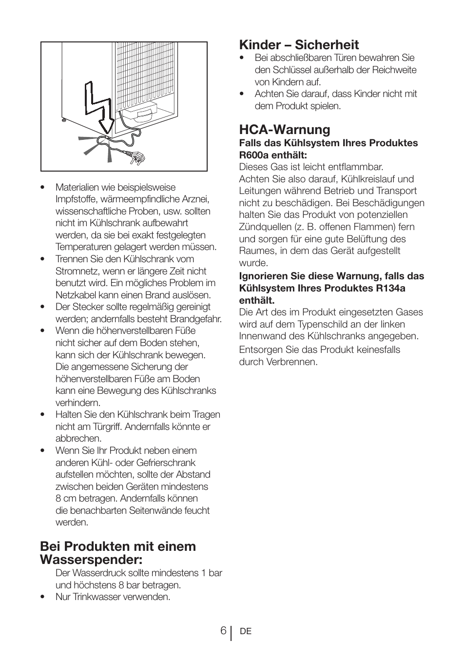 Bei produkten mit einem wasserspender, Kinder – sicherheit, Hca-warnung | Blomberg KQE 1010 X User Manual | Page 48 / 84