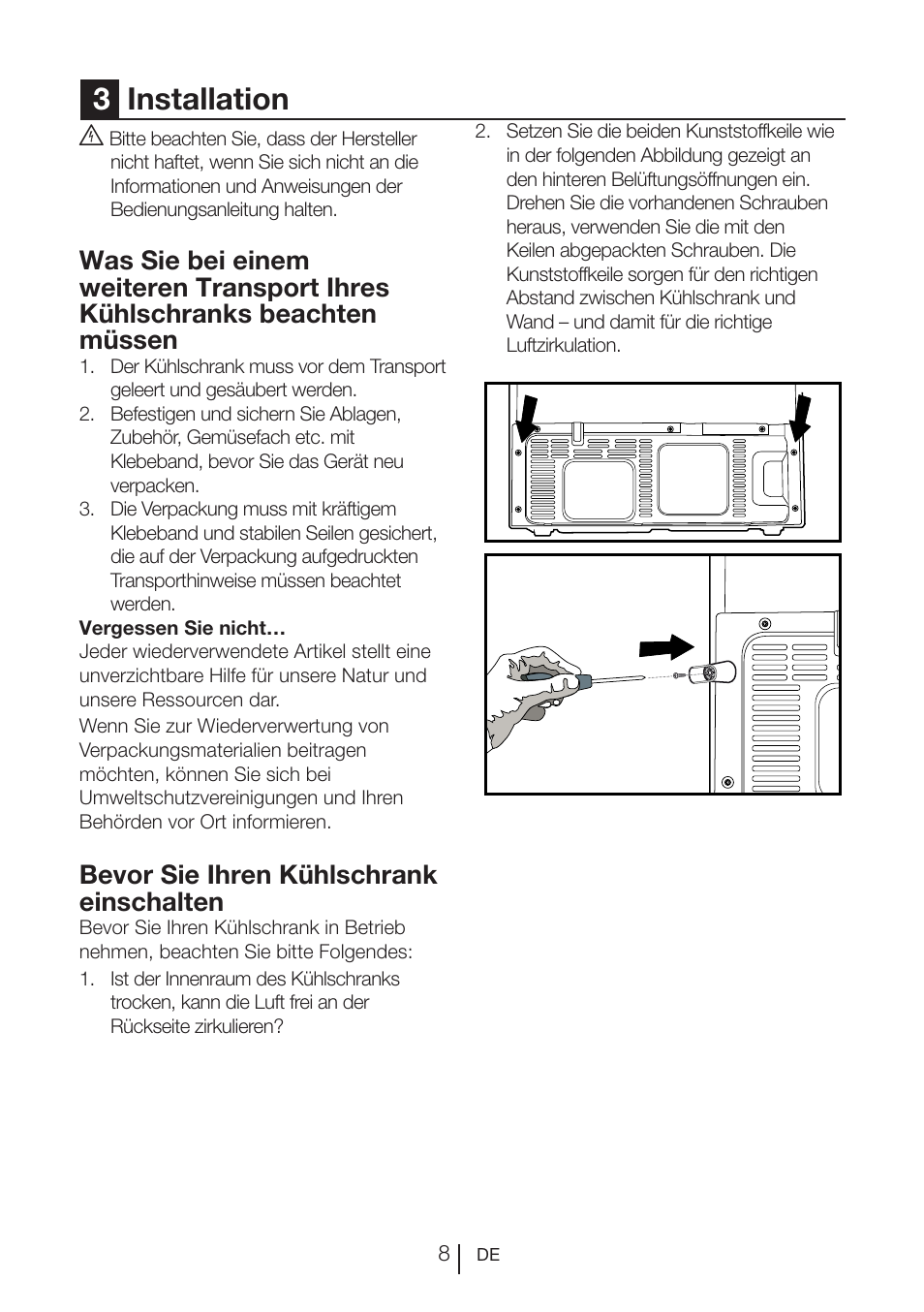 3installation, Bevor sie ihren kühlschrank einschalten | Blomberg KQE 1010 X User Manual | Page 50 / 84