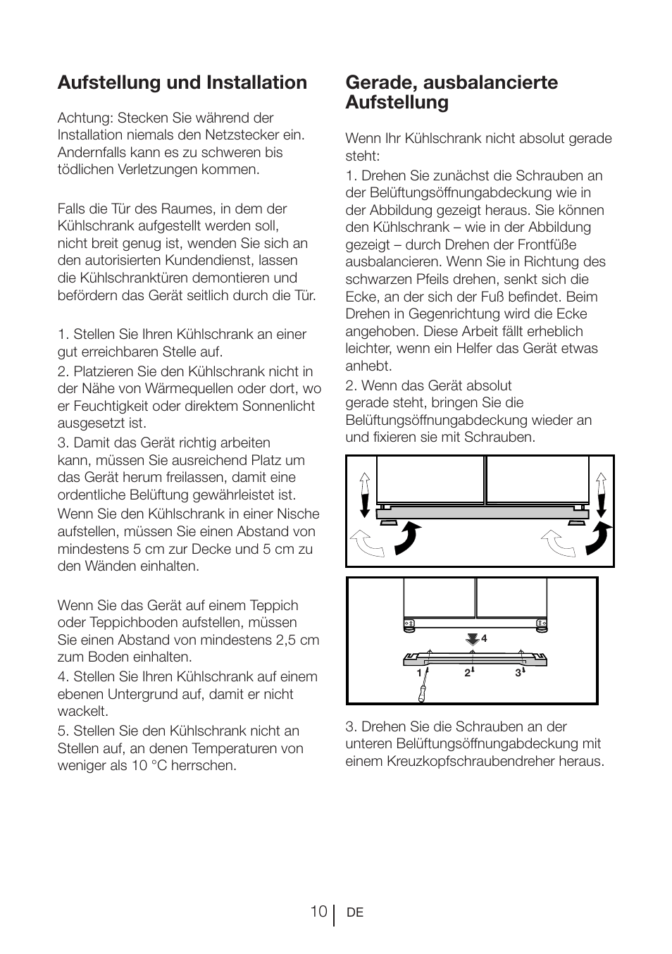 Aufstellung und installation, Gerade, ausbalancierte aufstellung | Blomberg KQE 1010 X User Manual | Page 52 / 84