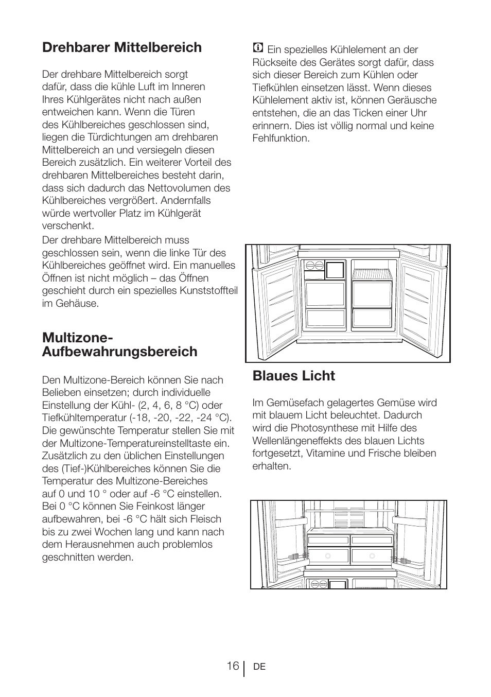 Drehbarer mittelbereich, Multizone- aufbewahrungsbereich, Blaues licht | Blomberg KQE 1010 X User Manual | Page 58 / 84