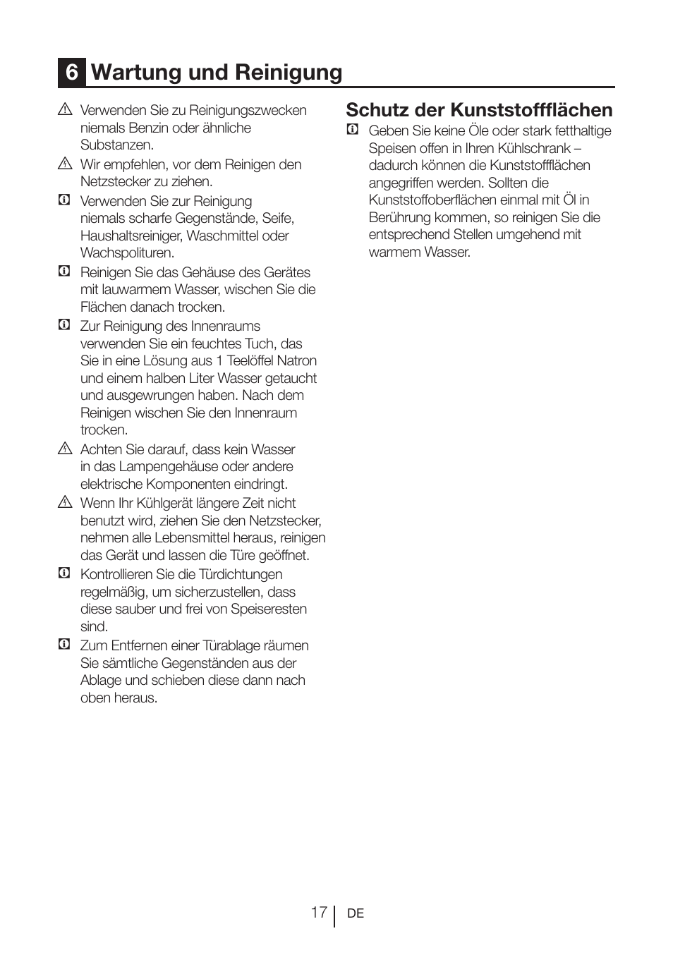 6wartung und reinigung, Schutz der kunststoffflächen | Blomberg KQE 1010 X User Manual | Page 59 / 84