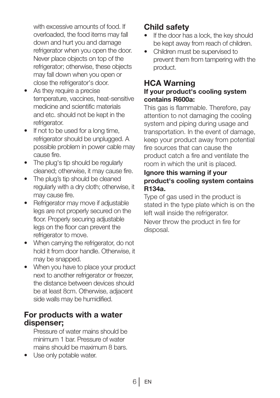 For products with a water dispenser, Child safety, Hca warning | Blomberg KQE 1010 X User Manual | Page 7 / 84