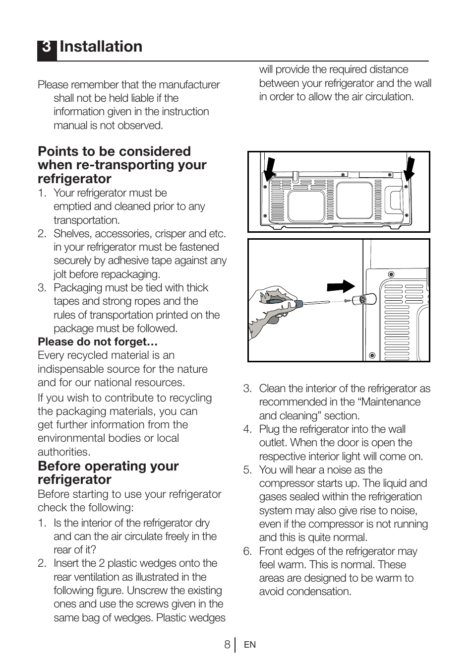 3installation, Before operating your refrigerator | Blomberg KQE 1010 X User Manual | Page 9 / 84