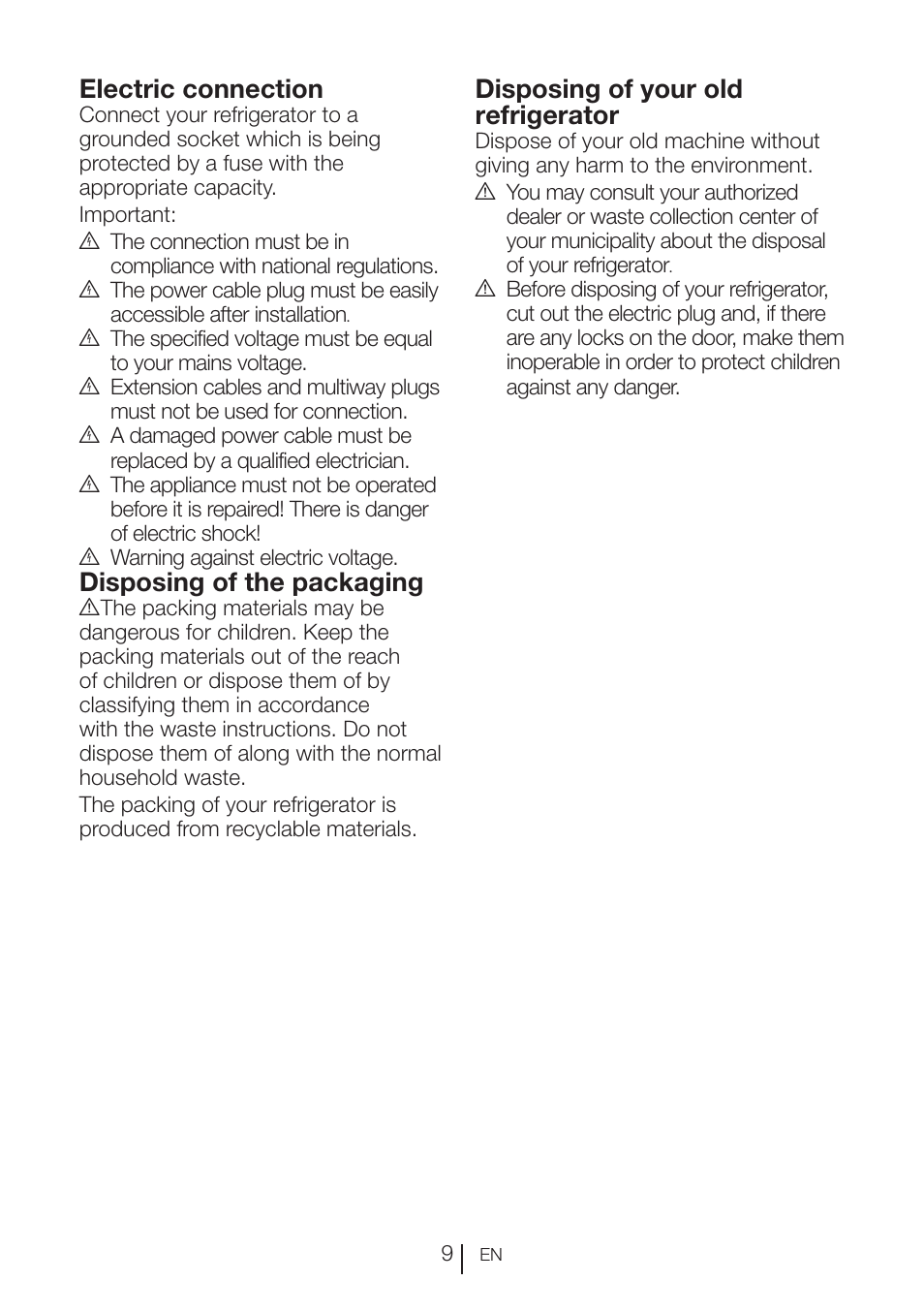 Electric connection, Disposing of the packaging, Disposing of your old refrigerator | Blomberg KFD 9950 X A+ User Manual | Page 10 / 372