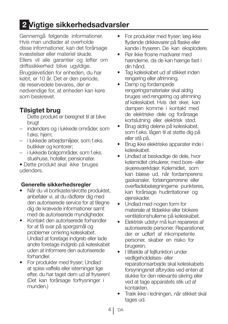 2vigtige sikkerhedsadvarsler, Tilsigtet brug | Blomberg KFD 9950 X A+ User Manual | Page 104 / 372