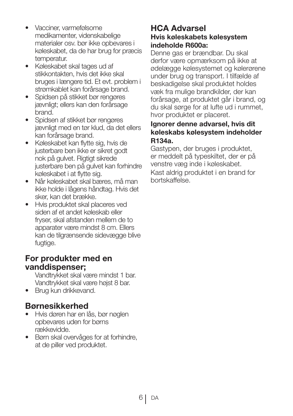 For produkter med en vanddispenser, Børnesikkerhed, Hca advarsel | Blomberg KFD 9950 X A+ User Manual | Page 106 / 372