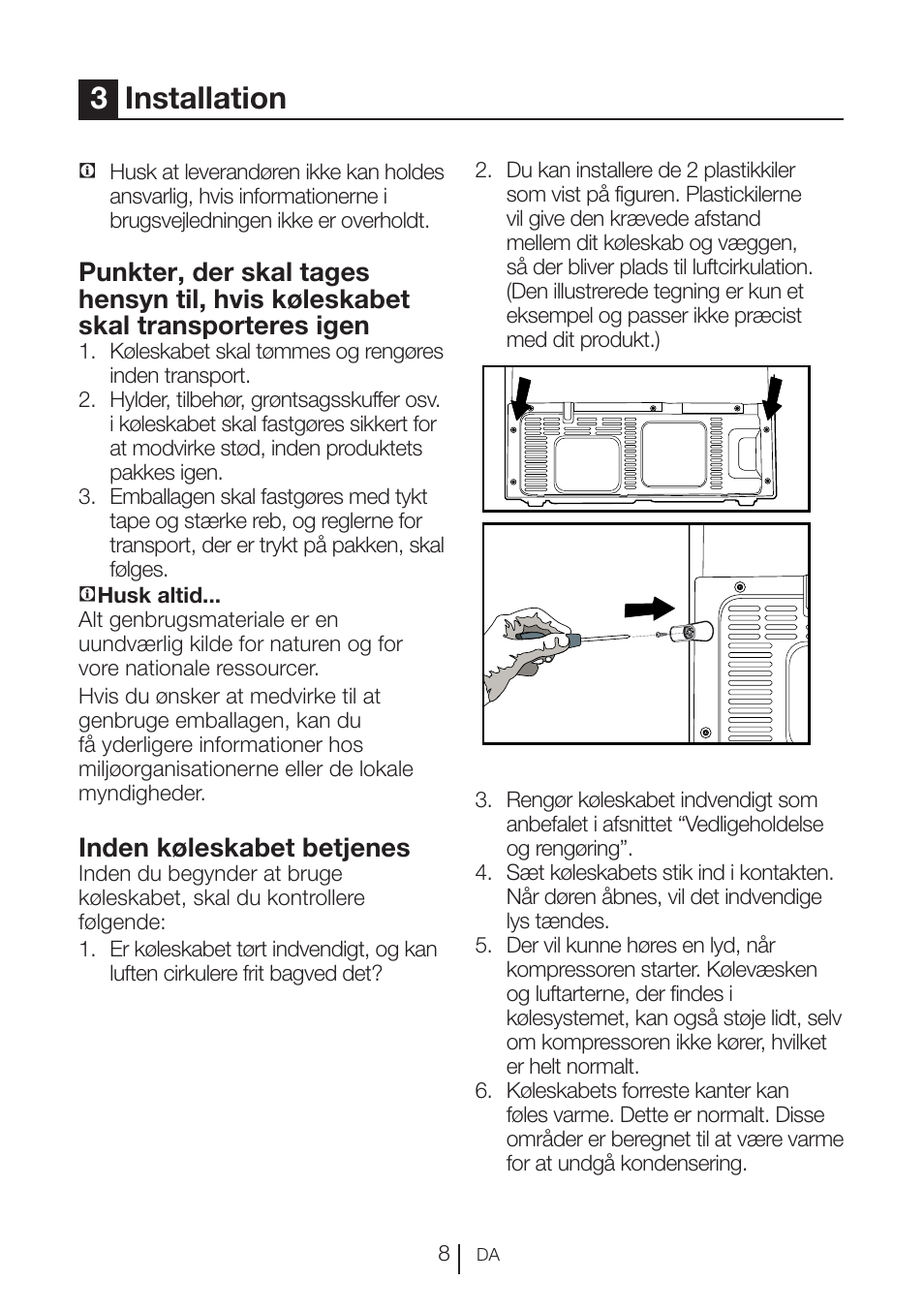 3installation, Inden køleskabet betjenes | Blomberg KFD 9950 X A+ User Manual | Page 108 / 372