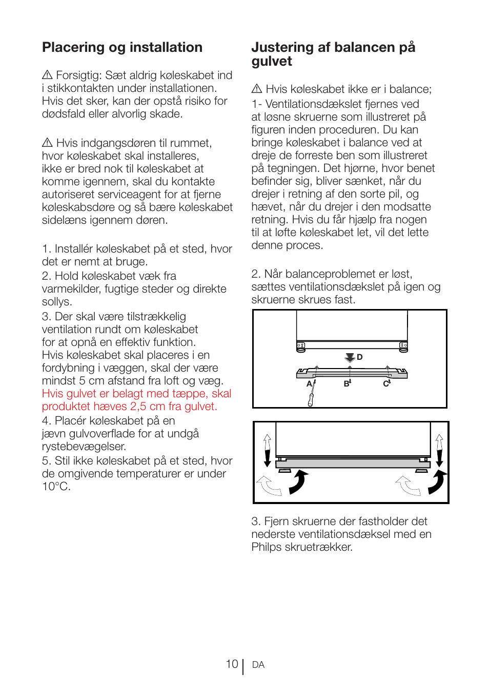 Placering og installation, Justering af balancen på gulvet | Blomberg KFD 9950 X A+ User Manual | Page 110 / 372