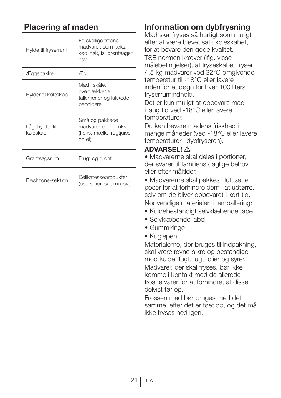 Placering af maden, Information om dybfrysning | Blomberg KFD 9950 X A+ User Manual | Page 121 / 372
