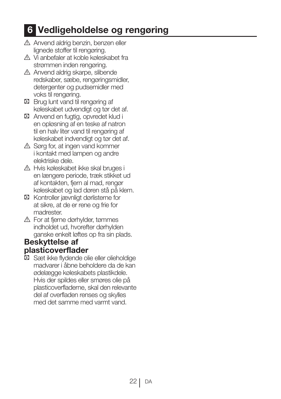 6vedligeholdelse og rengøring, Beskyttelse af plasticoverflader | Blomberg KFD 9950 X A+ User Manual | Page 122 / 372