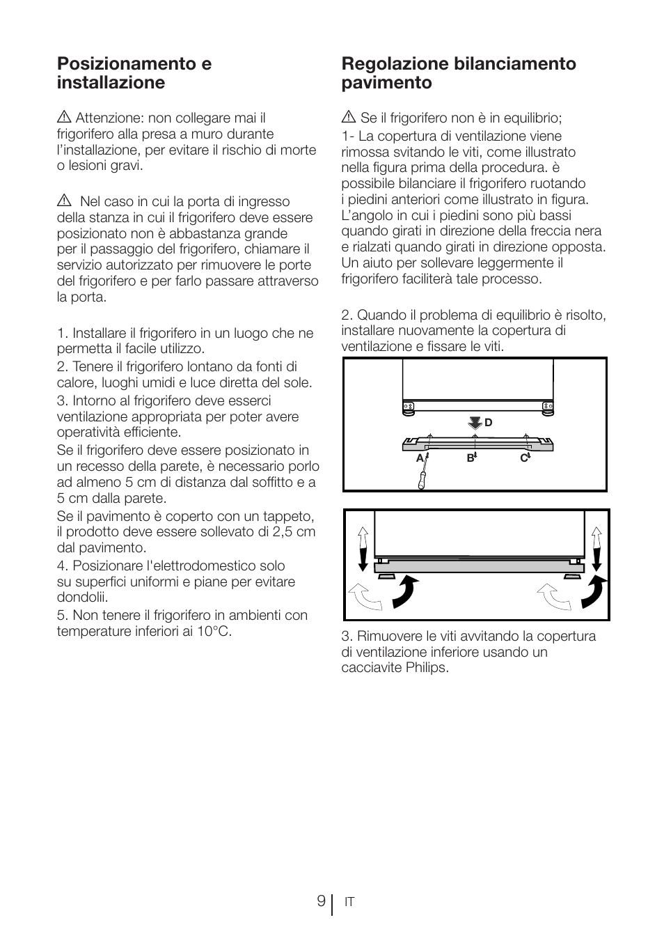 Posizionamento e installazione, Regolazione bilanciamento pavimento | Blomberg KFD 9950 X A+ User Manual | Page 134 / 372