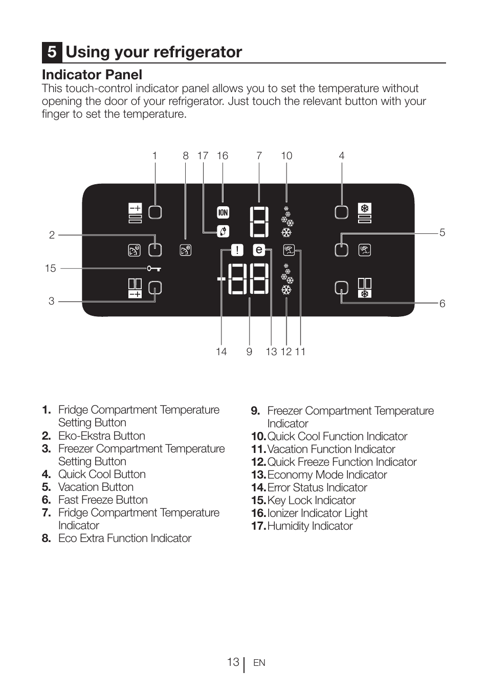 5using your refrigerator, Indicator panel | Blomberg KFD 9950 X A+ User Manual | Page 14 / 372
