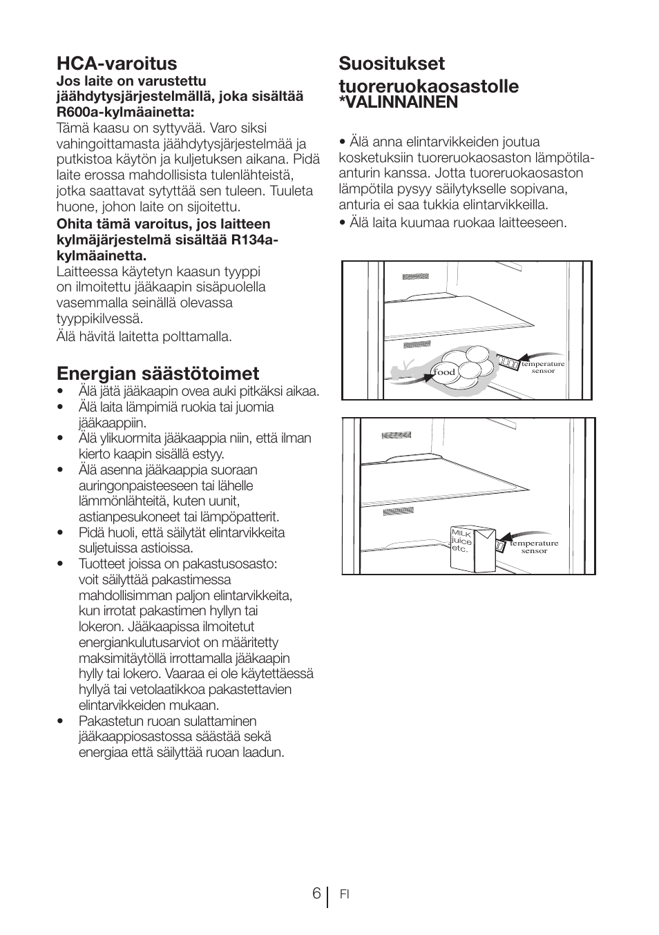 Hca-varoitus, Energian säästötoimet, Suositukset tuoreruokaosastolle | Valinnainen | Blomberg KFD 9950 X A+ User Manual | Page 155 / 372