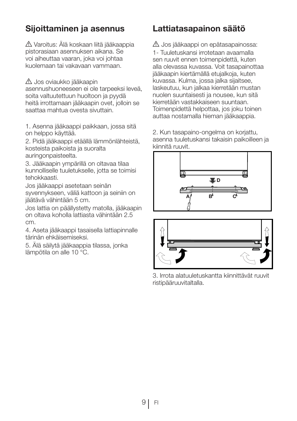 Sijoittaminen ja asennus, Lattiatasapainon säätö | Blomberg KFD 9950 X A+ User Manual | Page 158 / 372