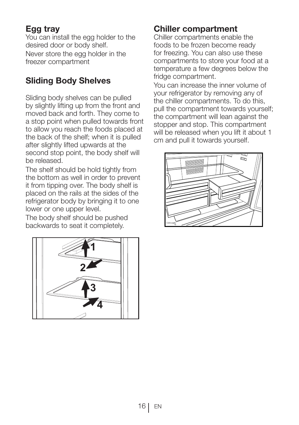Egg tray, Sliding body shelves, Chiller compartment | Blomberg KFD 9950 X A+ User Manual | Page 17 / 372