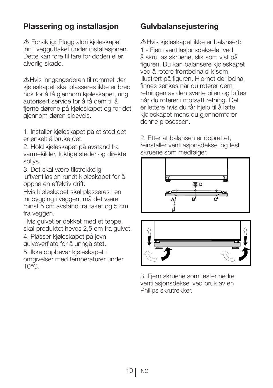 Plassering og installasjon, Gulvbalansejustering | Blomberg KFD 9950 X A+ User Manual | Page 183 / 372