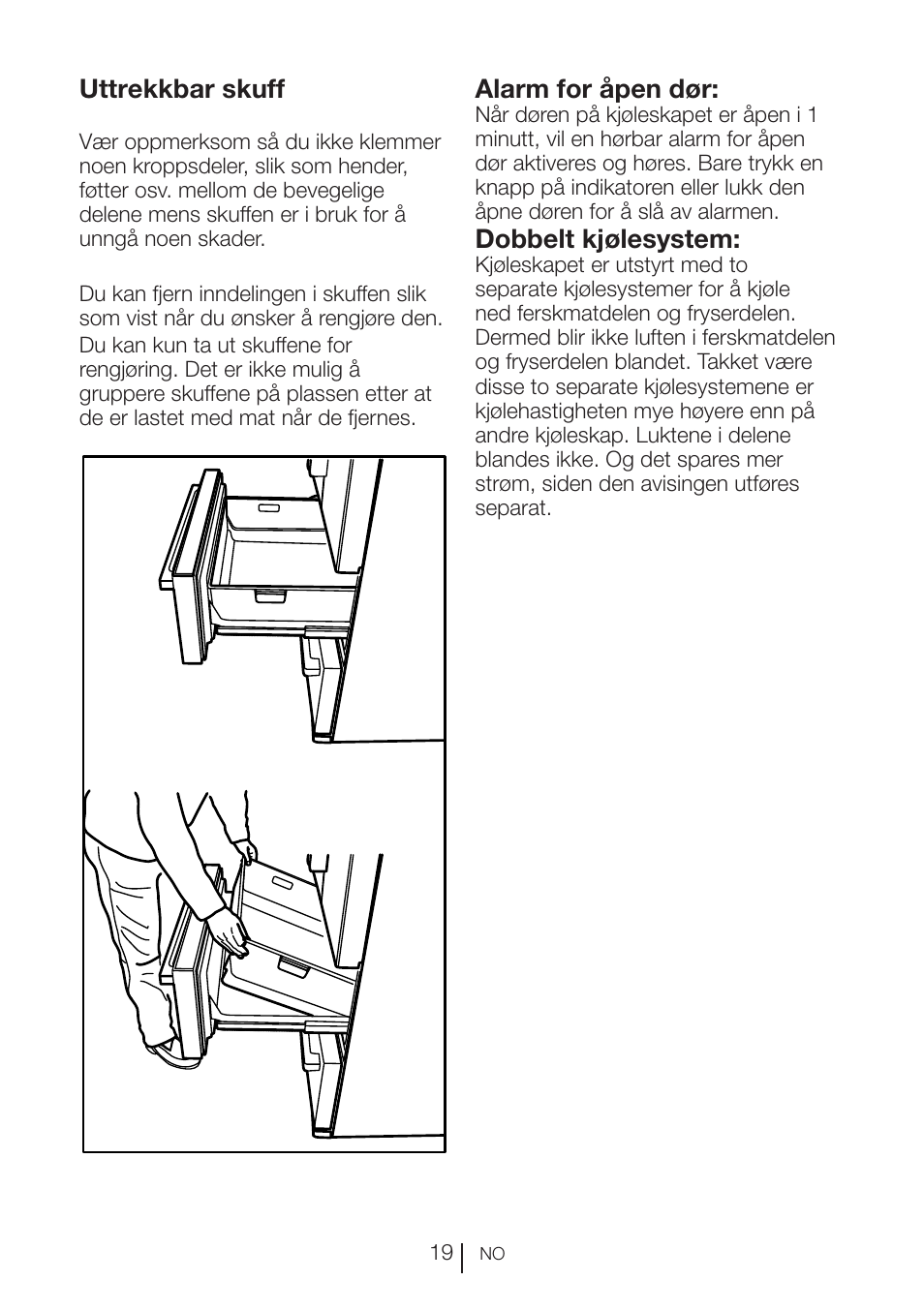 Uttrekkbar skuff, Alarm for åpen dør, Dobbelt kjølesystem | Blomberg KFD 9950 X A+ User Manual | Page 192 / 372