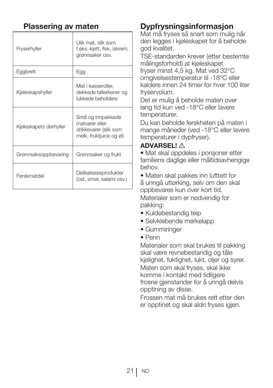 Plassering av maten, Dypfrysningsinformasjon | Blomberg KFD 9950 X A+ User Manual | Page 194 / 372