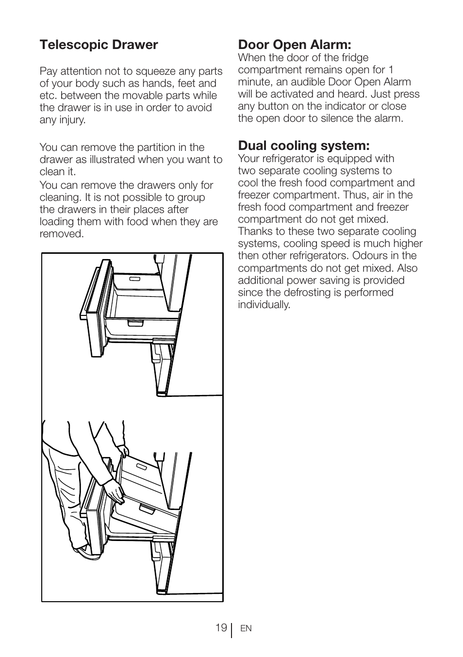Telescopic drawer, Dual cooling system, Door open alarm | Blomberg KFD 9950 X A+ User Manual | Page 20 / 372