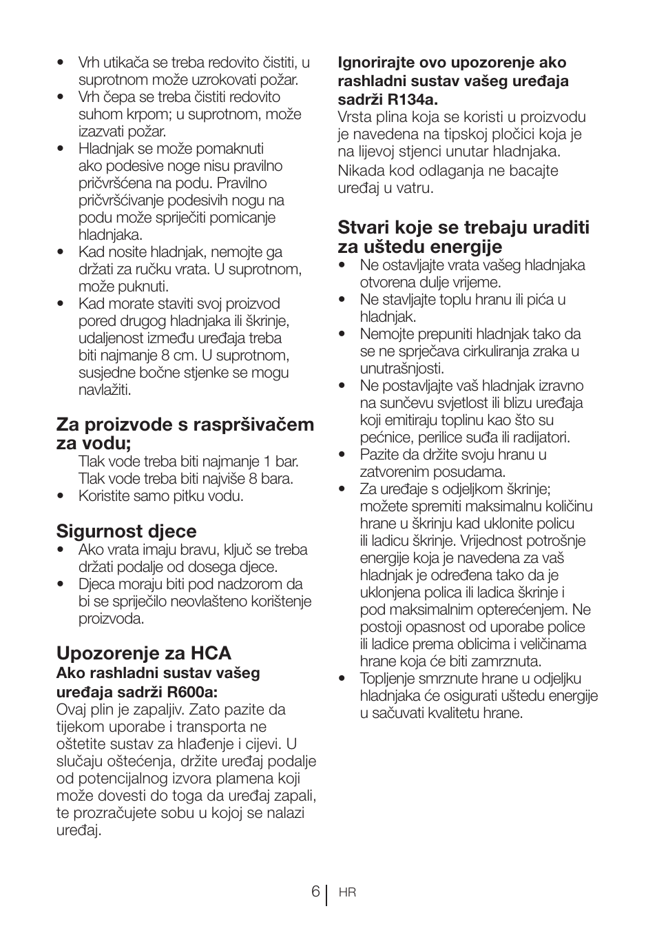 Za proizvode s raspršivačem za vodu, Sigurnost djece, Upozorenje za hca | Stvari koje se trebaju uraditi za uštedu energije | Blomberg KFD 9950 X A+ User Manual | Page 254 / 372