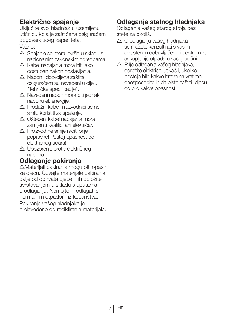 Električno spajanje, Odlaganje pakiranja, Odlaganje stalnog hladnjaka | Blomberg KFD 9950 X A+ User Manual | Page 257 / 372