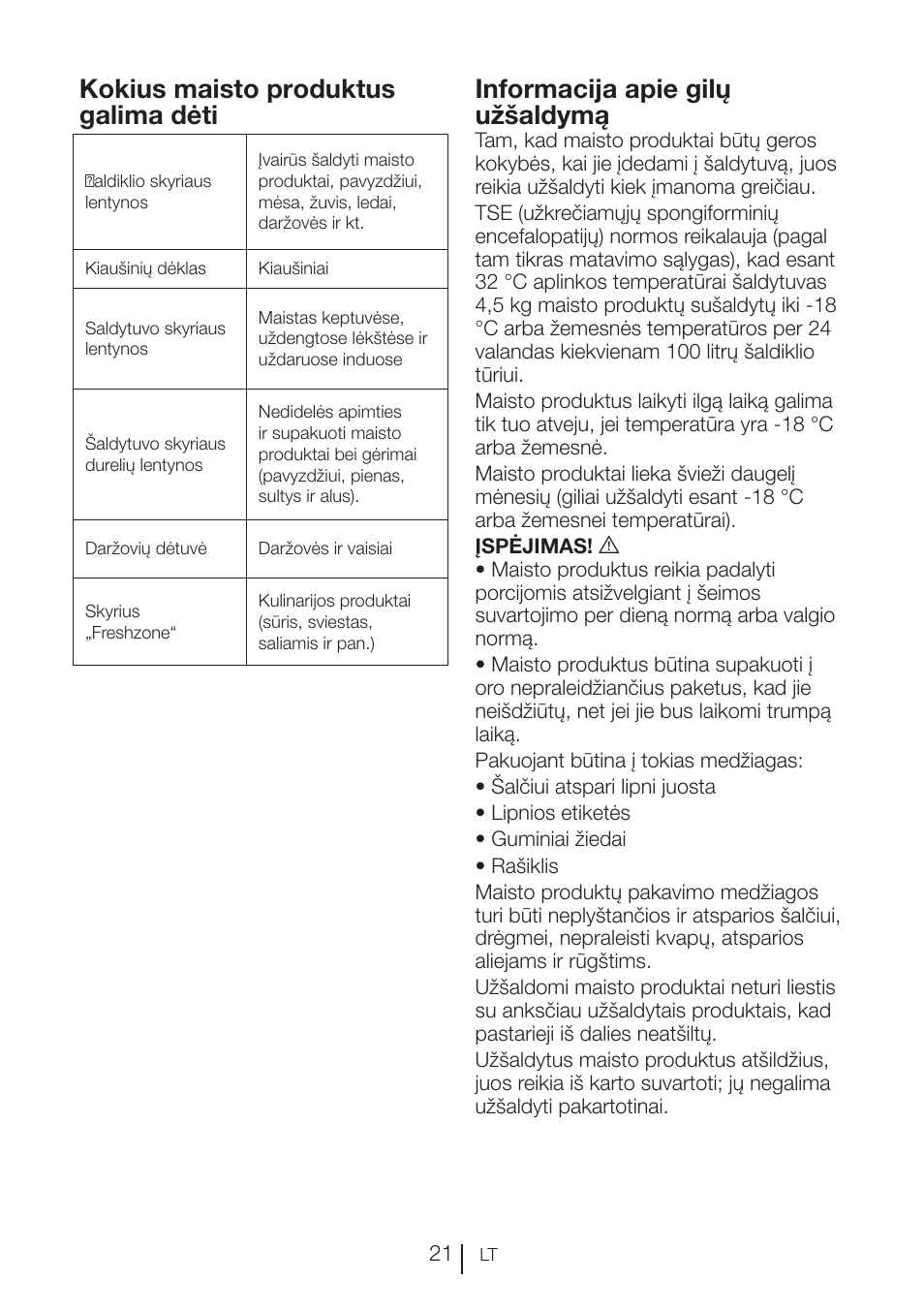 Kokius maisto produktus galima dėti, Informacija apie gilų užšaldymą | Blomberg KFD 9950 X A+ User Manual | Page 294 / 372